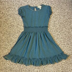 Matilda Jane Girls Short Sleeve Dress Size 6 Blue Smocked Waist Ruffle Button